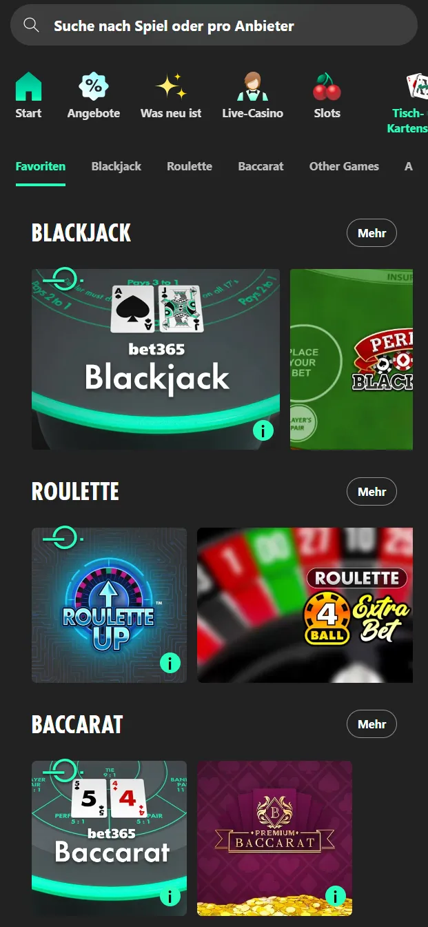 bet365 Tischspielkategorie