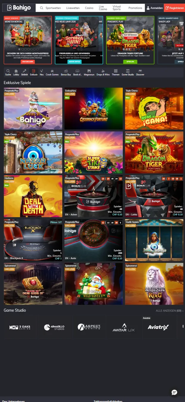 Bahigo Schweiz mit 100 % Bonus bis CHF 2'000 + 200 Freispielen Casino Exklusive Spiele