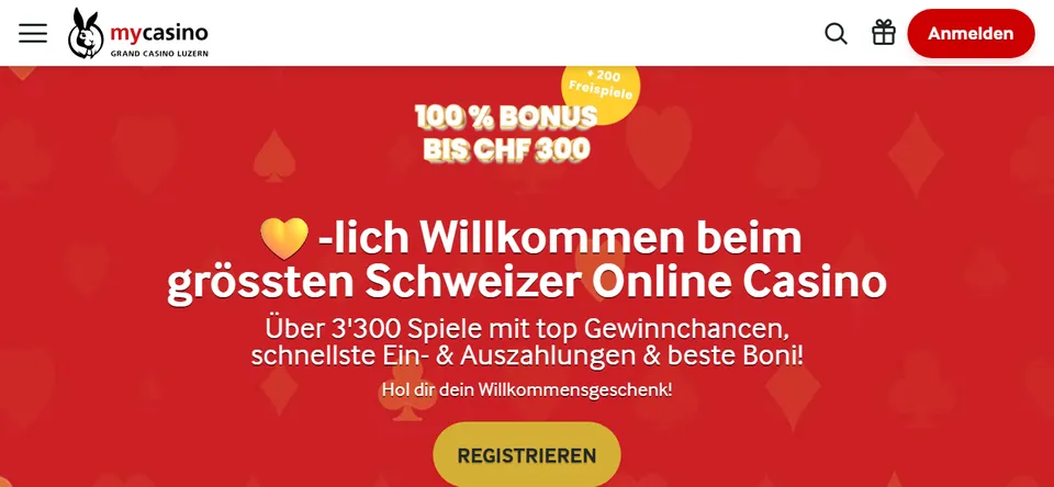 MyCasino Schweiz mit Willkommensbonus bis CHF 300 + 200 Freispielen Schweiz Bonus